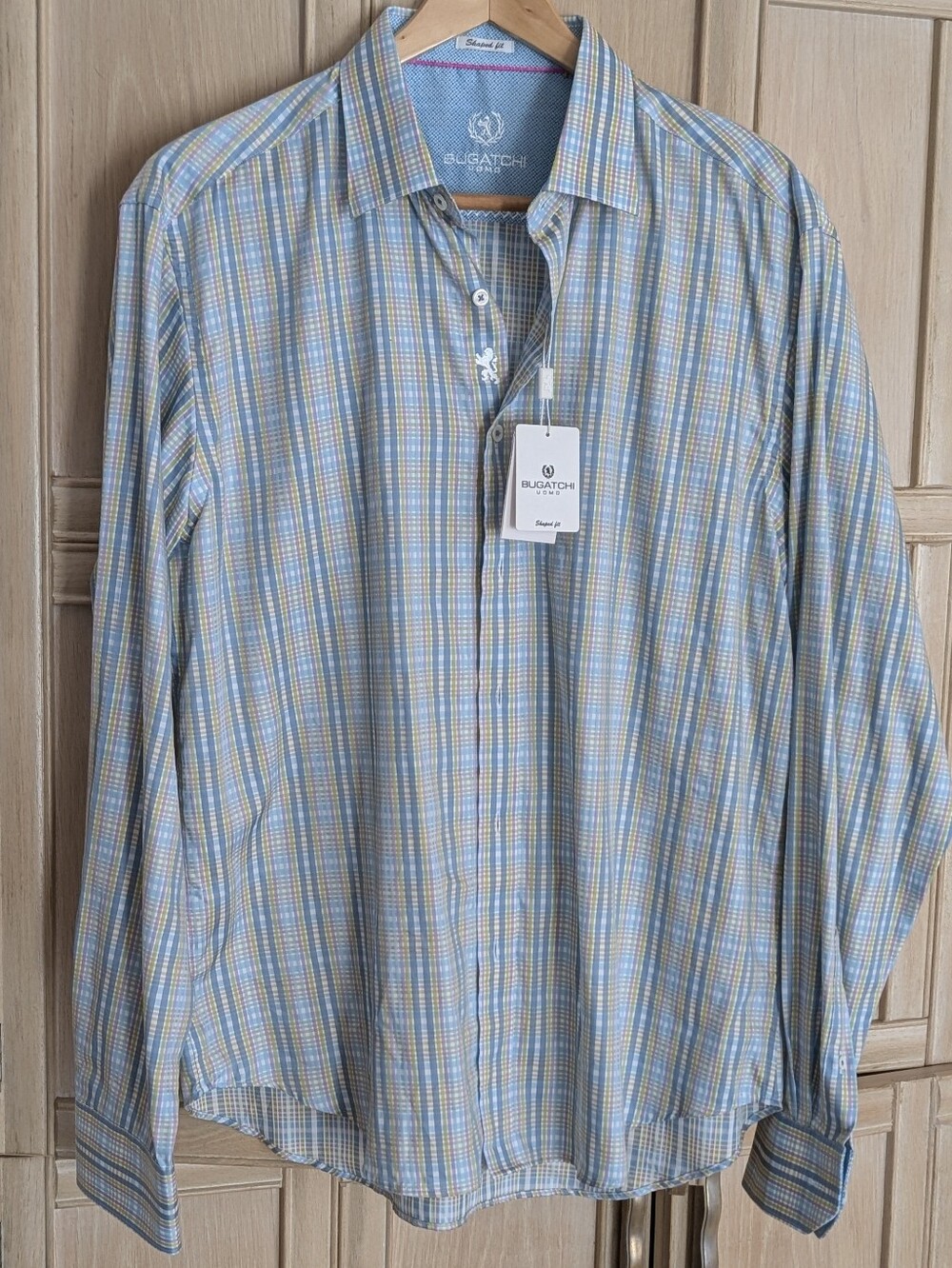 Bugatchi Blue and Yellow Plaid Long-Sleeve Button-Down Shirt Sz L